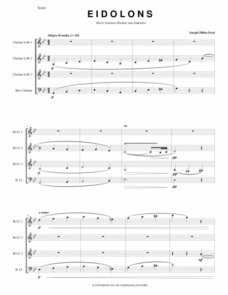 Eidolons For Clarinet Quartet In Memory Of Johannes Brahms Sheet Music