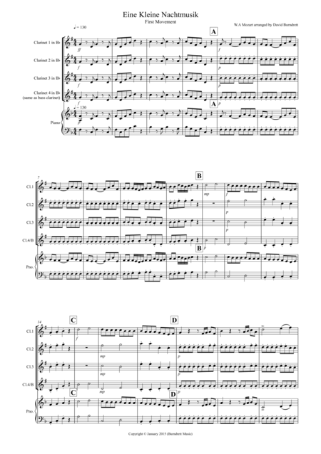 Eine Kleine Nachtmusik 1st Movement For Clarinet Quartet Sheet Music