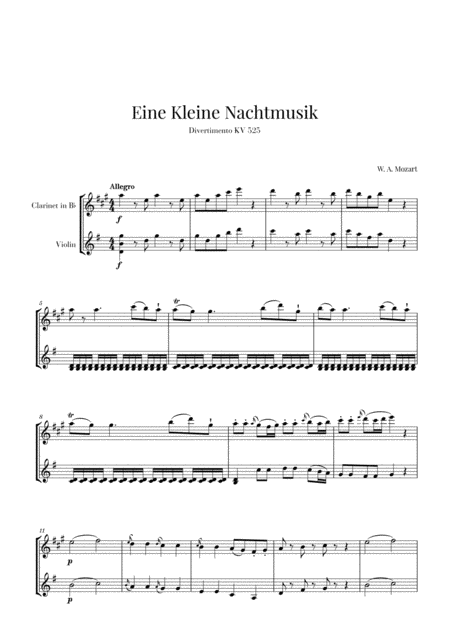 Eine Kleine Nachtmusik Clarinet And Violin Sheet Music