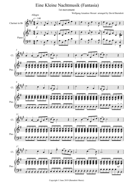 Eine Kleine Nachtmusik Fantasia 1st Movement For Clarinet In Bb And Piano Sheet Music