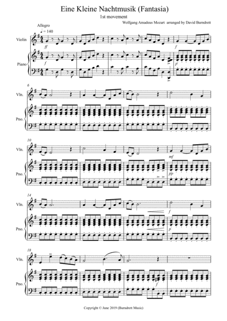 Eine Kleine Nachtmusik Fantasia 1st Movement For Violin And Piano Sheet Music