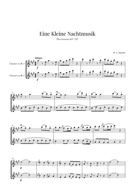 Eine Kleine Nachtmusik For 2 Clarinets Sheet Music