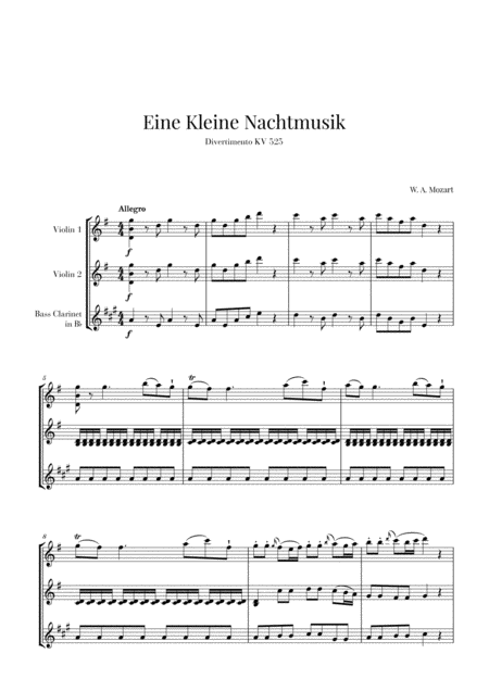 Free Sheet Music Eine Kleine Nachtmusik For 2 Violins And Bass Clarinet