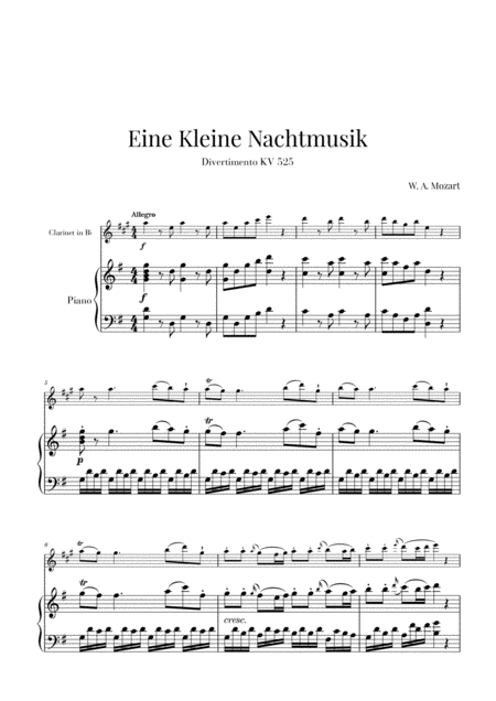 Free Sheet Music Eine Kleine Nachtmusik For Clarinet And Piano