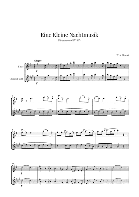 Free Sheet Music Eine Kleine Nachtmusik For Flute And Clarinet