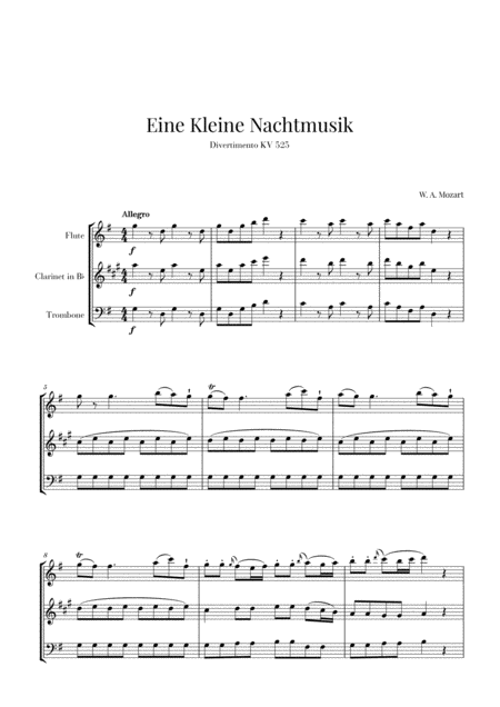 Eine Kleine Nachtmusik For Flute Clarinet And Trombone Sheet Music