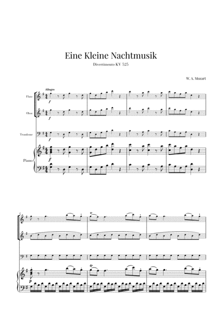 Free Sheet Music Eine Kleine Nachtmusik For Flute Oboe Trombone And Piano