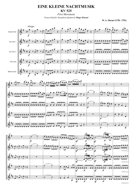 Eine Kleine Nachtmusik For Saxophone Quintet 1st Movement Sheet Music