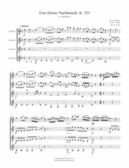 Eine Kleine Nachtmusik K 525 Ii Romanze Guitar Quartet Score And Parts Sheet Music