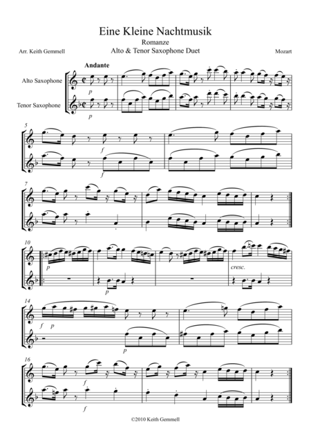 Eine Kleine Nachtmusik Romanze Alto Tenor Saxophone Duet Sheet Music