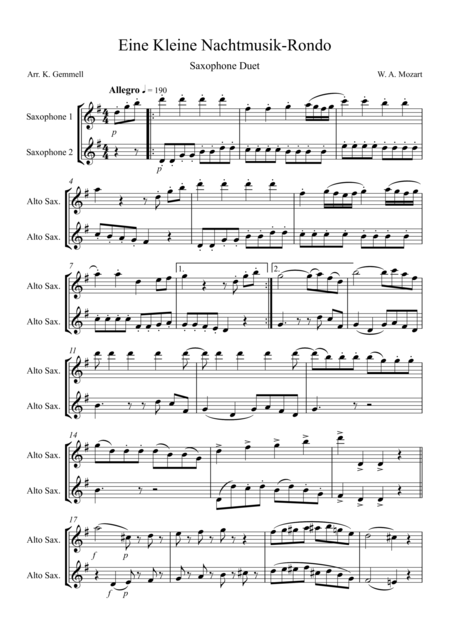 Eine Kleine Nachtmusik Rondo Saxophone Duet 2 Altos Or 2 Tenors Sheet Music