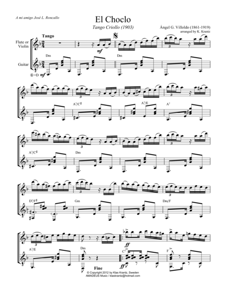 El Choclo Tango For Violin Or Flute And Guitar D Minor Sheet Music