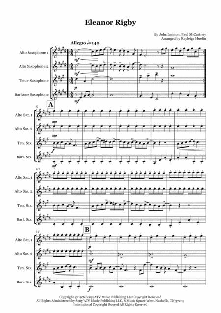 Eleanor Rigby By The Beatles Saxophone Quartet Aatb Sheet Music