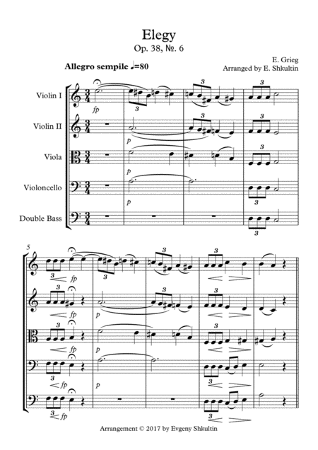 Elegy From Lyric Pieces Op 38 6 String Quartet Ensemble Sheet Music