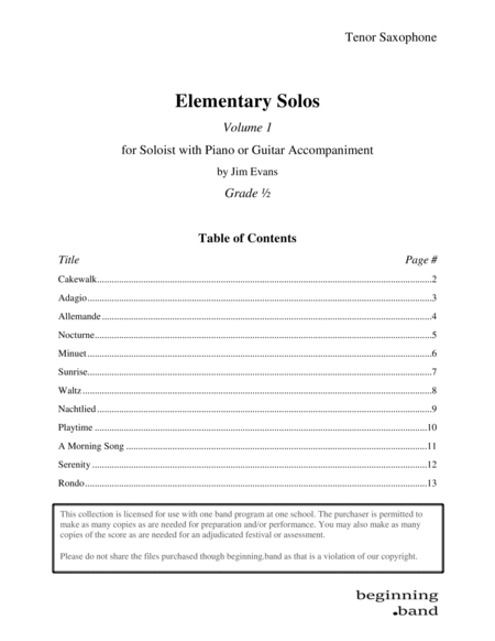 Elementary Solos Volume 1 For Tenor Saxophone Sheet Music