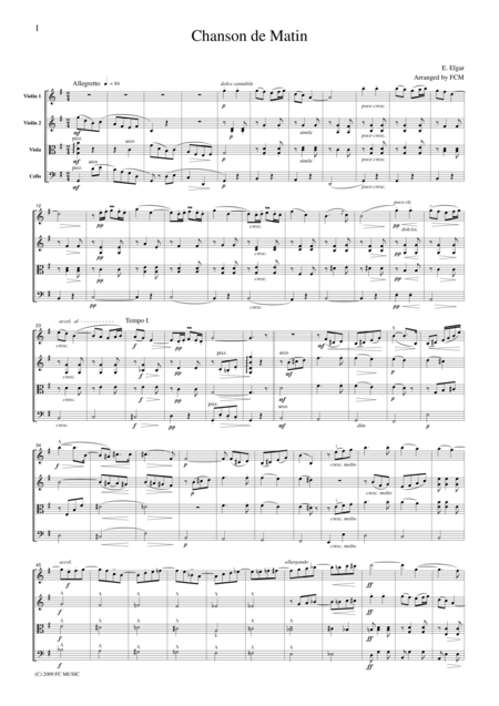 Elgar Chanson De Matin For String Quartet Ce003 Sheet Music