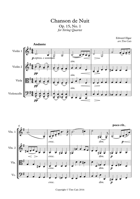 Free Sheet Music Elgar Chanson De Nuit String Quartet