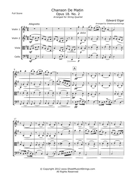 Free Sheet Music Elgar E Chanson De Matin For String Quartet