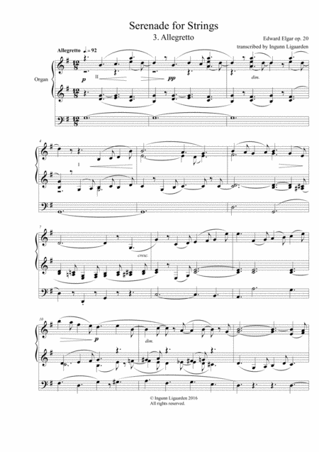 Elgar Serenade For Strings 3 Allegretto For Organ Solo Sheet Music