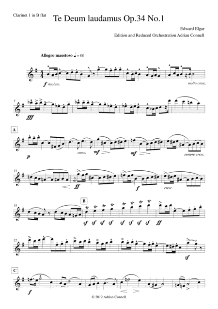 Elgar Te Deum Reduced Orchestration Clarinet 1 Sheet Music