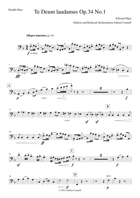 Elgar Te Deum Reduced Orchestration Double Bass Sheet Music