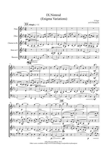 Elgar Variation Ix Nimrod From Enigma Variations Op 36 Wind Quintet Sheet Music