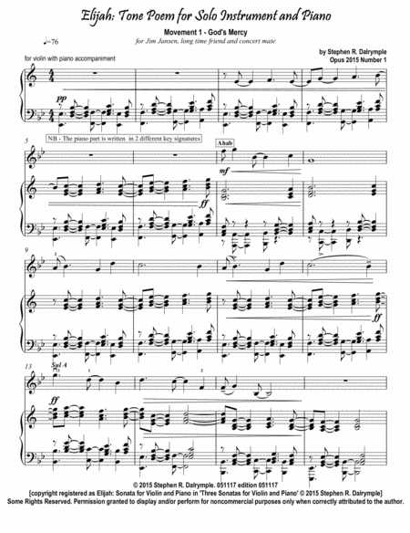 Elijah Tone Poem For Instrumental Solo Violin Movement 1 Gods Mercy Sheet Music