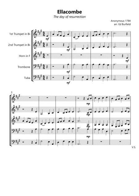 Ellacombe The Day Of Resurrection Hymn Tune For Brass Quintet With Original Descant Sheet Music