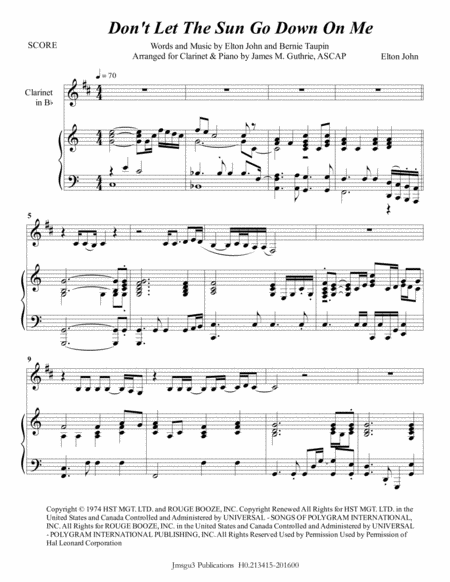 Elton John Dont Let The Sun Go Down On Me For Clarinet Piano Sheet Music