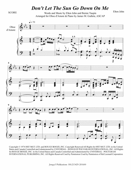 Free Sheet Music Elton John Dont Let The Sun Go Down On Me For Oboe D Amore Piano