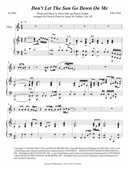 Free Sheet Music Elton John Dont Let The Sun Go Down On Me For Oboe Piano