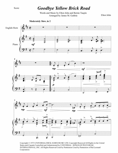 Elton John Goodbye Yellow Brick Road For English Horn Piano Sheet Music