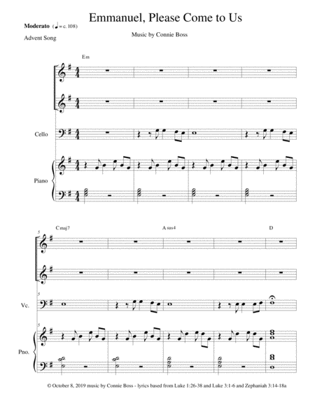 Emmanuel Please Come To Us Vocal Duet Cello Piano Sheet Music