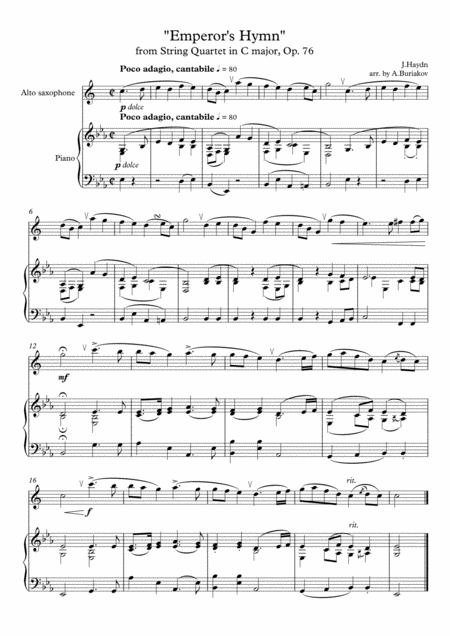 Emperors Hymn From String Quartet In C Major Op 76 Sax Alto Sheet Music