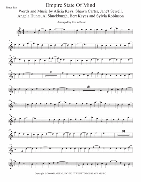 Empire State Of Mind Easy Key Of C Tenor Sax Sheet Music