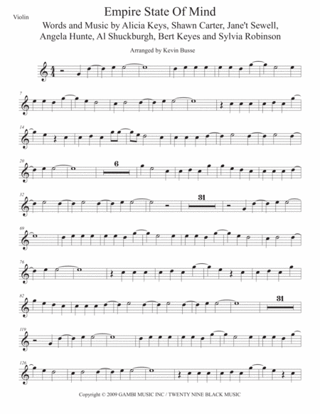 Empire State Of Mind Easy Key Of C Violin Sheet Music