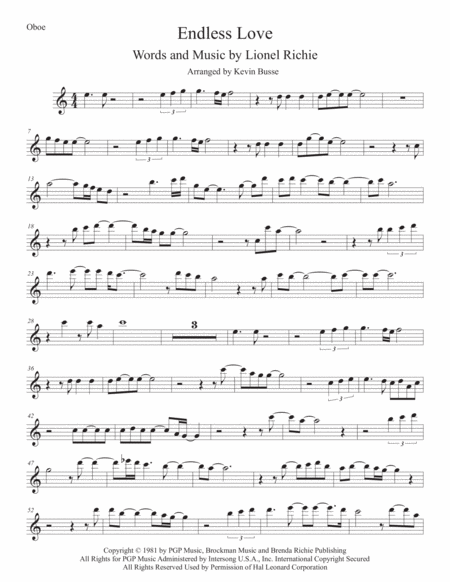 Endless Love Easy Key Of C Oboe Sheet Music