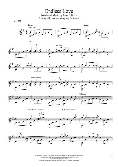 Free Sheet Music Endless Love Solo Guitar Score