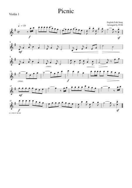 Free Sheet Music English Folk Song Picnic For String Quartet Jm001