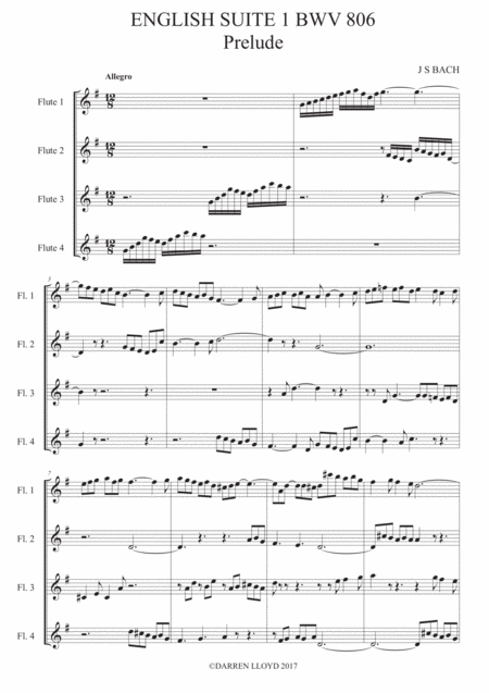 English Suite 1 Bwv 806 Prelude Flute Quartet Sheet Music