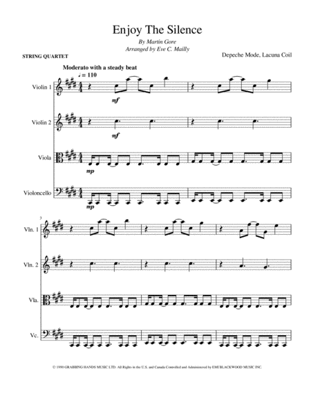 Enjoy The Silence Depeche Mode String Quartet Sheet Music