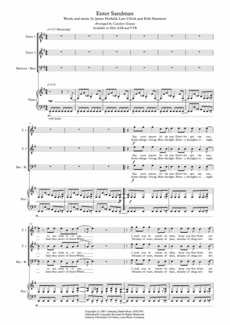 Enter Sandman Metallica For Ttb Choir Piano Sheet Music