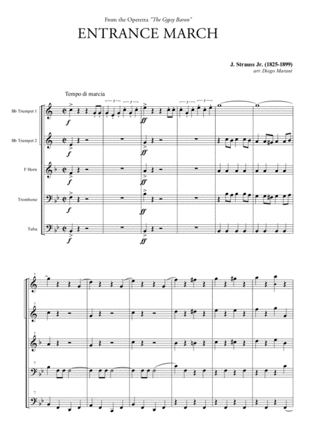 Entrance March From The Gypsy Baron For Brass Quintet Sheet Music