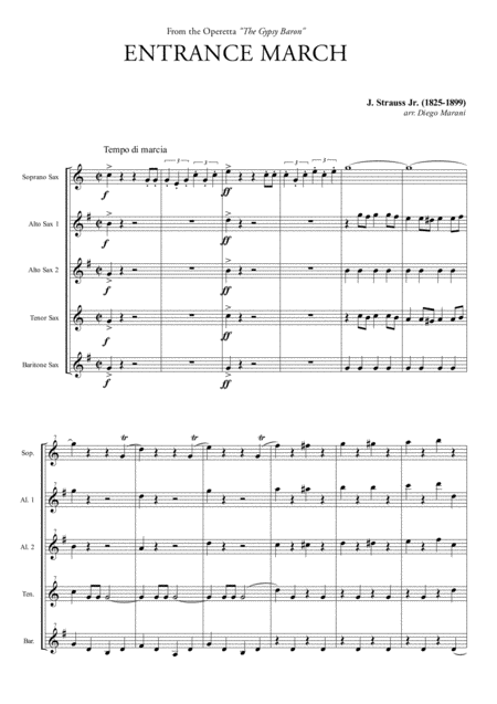 Entrance March From The Gypsy Baron For Saxophone Quintet Sheet Music