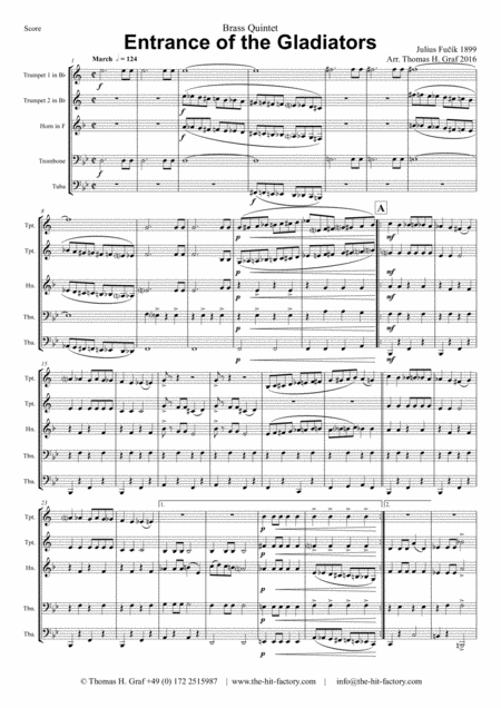 Entrance Of The Gladiators Thunder And Blazes Circus March Brass Quintet Sheet Music