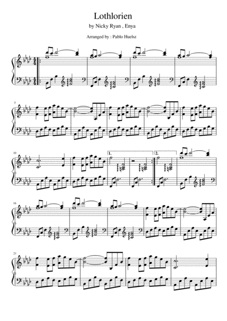 Enya Lothlorien Piano Sheet Music