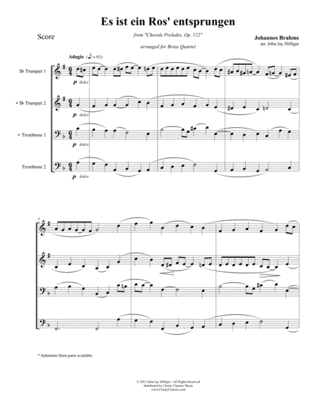 Es Ist Ein Ros Entsprungen For Brass Quartet Sheet Music