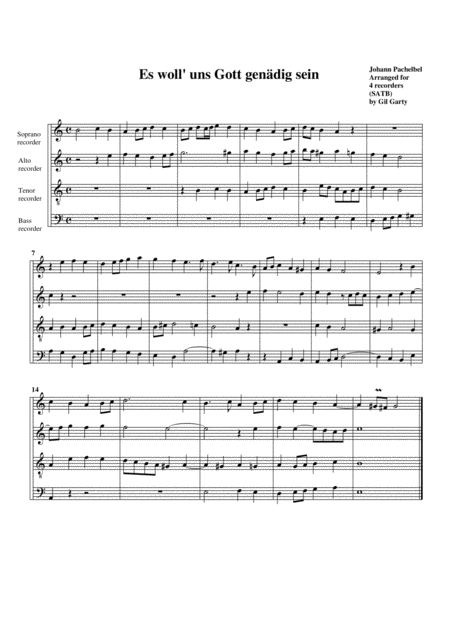 Es Woll Uns Gott Genadig Sein No 1 Arrangement For 4 Recorders Sheet Music