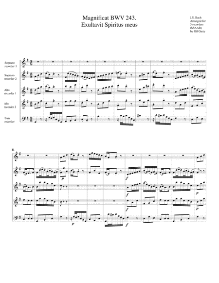 Et Exultavit Spiritus Meus From Magnificat Bwv 243 Arrangement For 5 Recorders Sheet Music