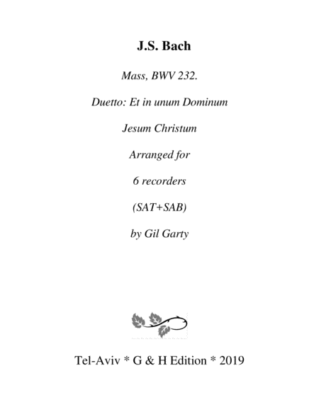 Et In Unum Dominum Jesum Christum From Mass Bwv 232 Arrangement For Recorders Sheet Music